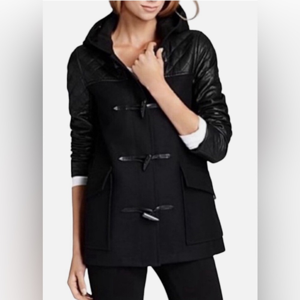 Theory NWT Hooded Marimba Wool Coat with Leather Sleeves Size Small